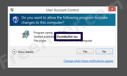 Screenshot where PushBullet Inc appears as the verified publisher in the UAC dialog